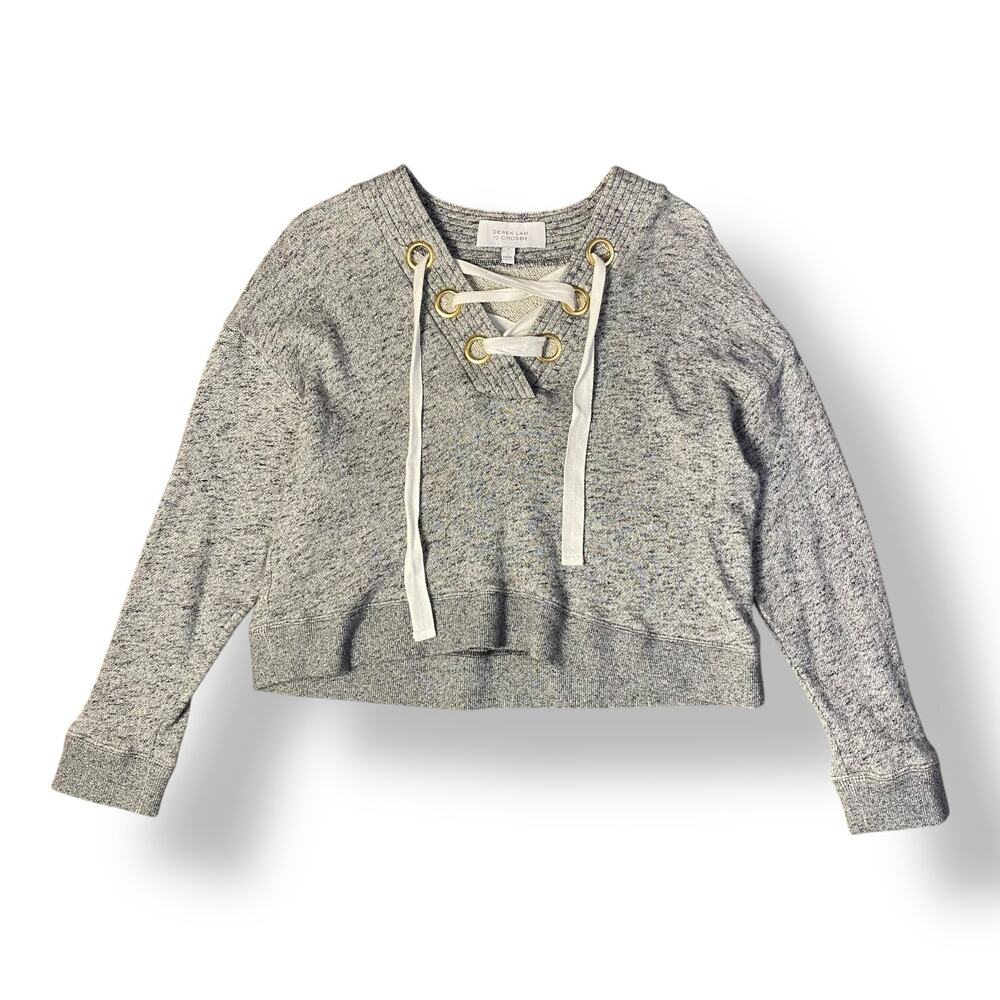 Derek Lam‎ 10 Crosby Gray Melange Cotton V Neck Lace Up Crop Sweater Size 6